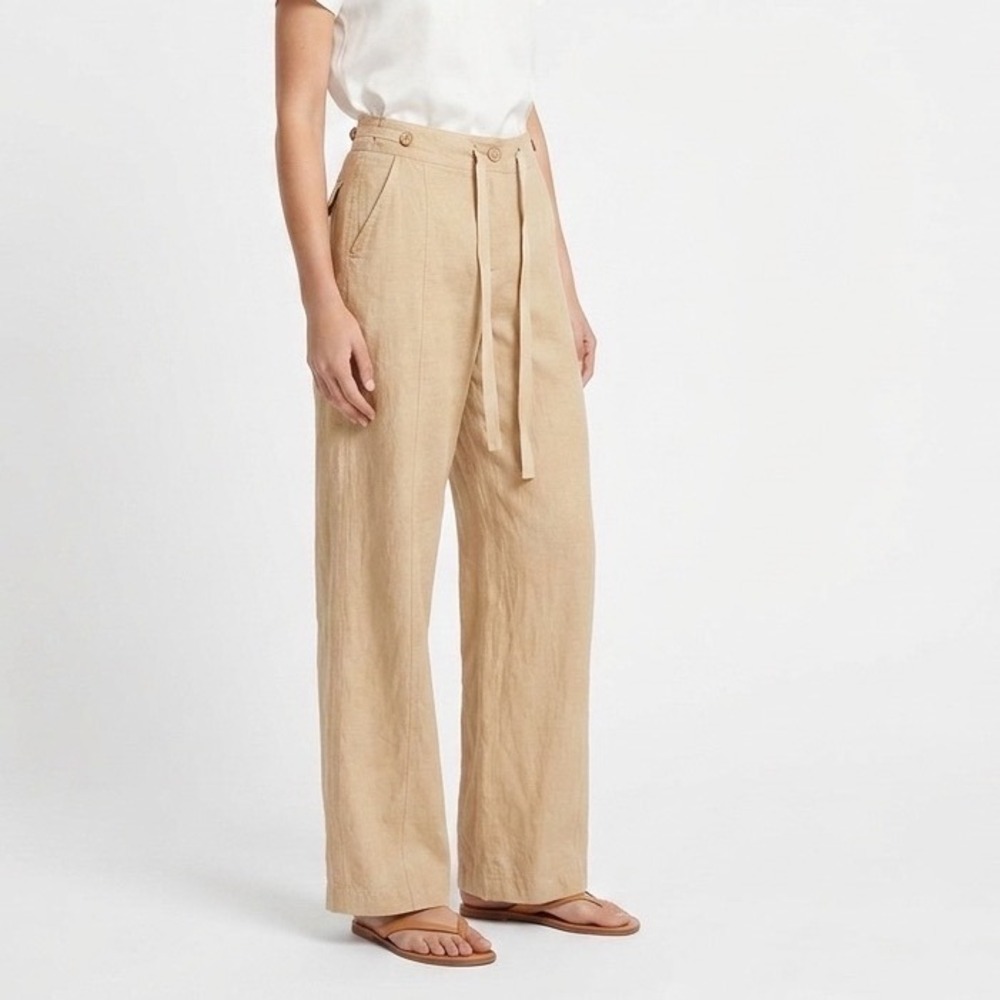 Armani Collezioni Tan Linen Wide Leg Tie Waist Trousers Made in Italy Size 10